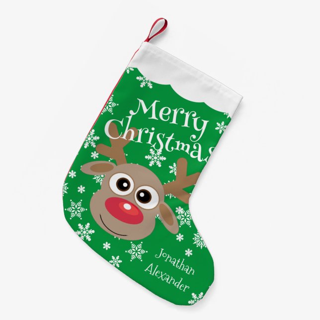 Cute Cartoon Reindeer White Snowflakes Green Name Small Christmas Stocking (Front (Hanging))