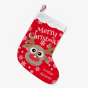 Cute Cartoon Reindeer White Snowflakes Red Name Small Christmas Stocking