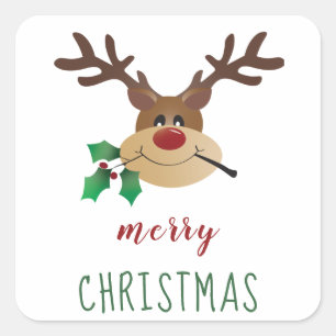 Cute Cartoon Reindeer With Mistletoe Square Sticker