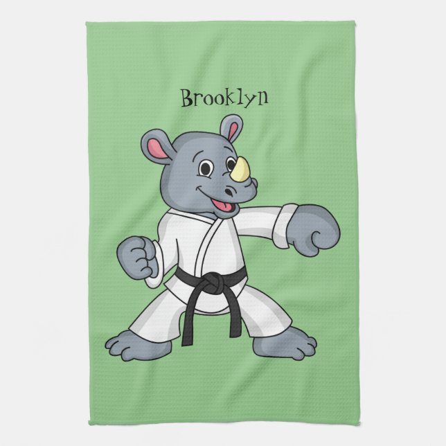 Cute cartoon rhino kung fu cartoon tea towel (Vertical)