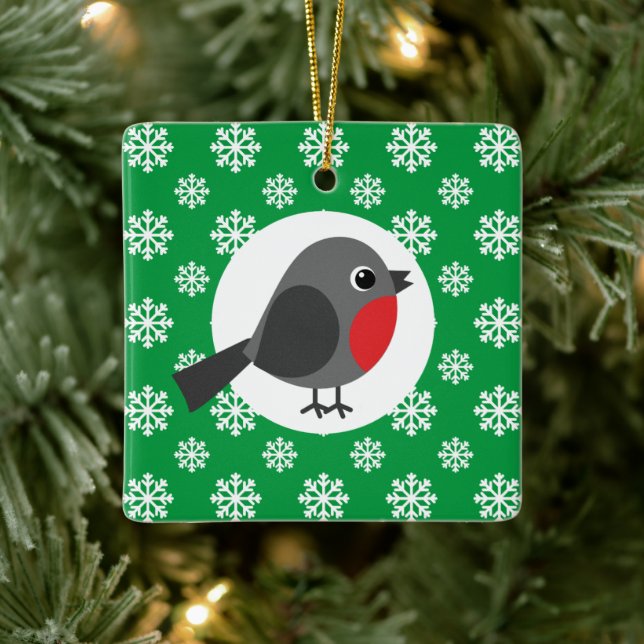 Cute Cartoon Robin with the Snowflakes Ceramic Ornament (Tree)
