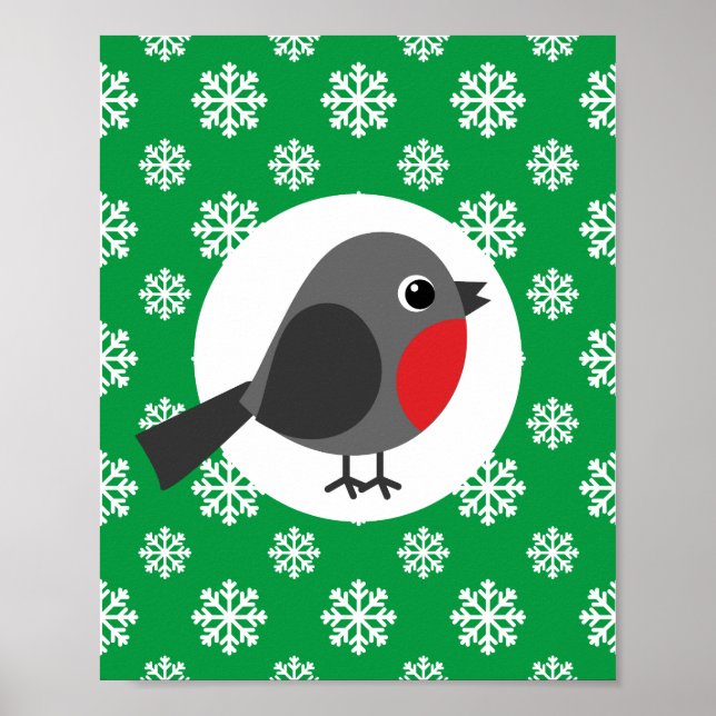 Cute Cartoon Robin with the Snowflakes Poster (Front)