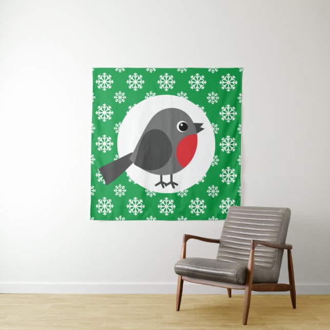 Cute Cartoon Robin with the Snowflakes Tapestry (In Situ)