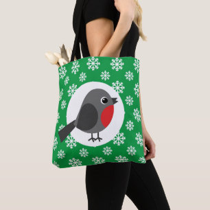 Cute Cartoon Robin with the Snowflakes Tote Bag