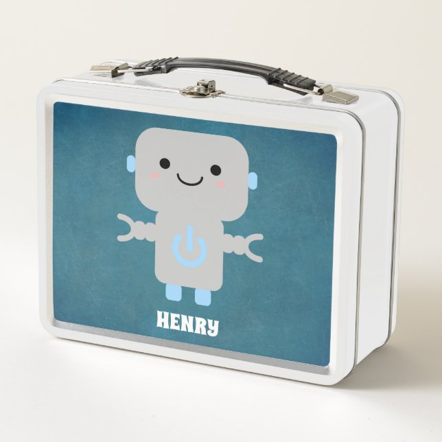 Cute Cartoon Robot Blue Metal Lunch Box (Front)