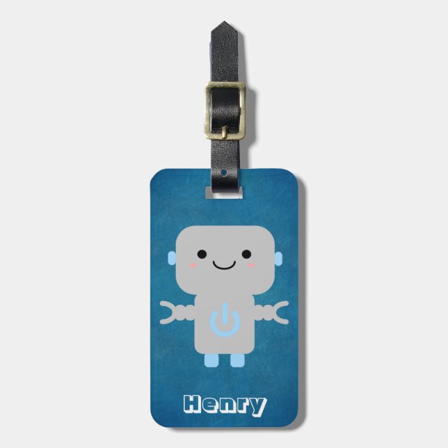 Cute Cartoon Robot Blue with Name Luggage Tag (Front Vertical)