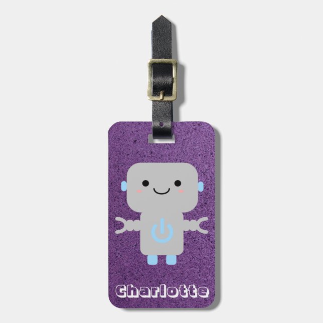Cute Cartoon Robot Purple with Name Luggage Tag (Front Vertical)