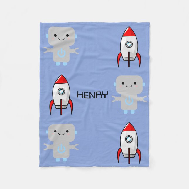 Cute Cartoon Robot Rocket Fleece Blanket (Front)
