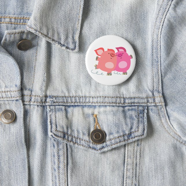 Cute Cartoon Roller-Skating Pigs Button Badge (In Situ)
