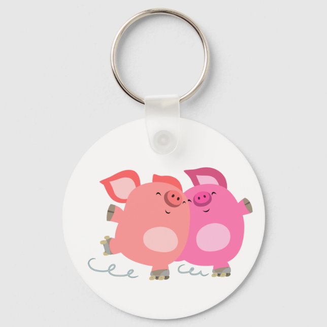 Cute Cartoon Roller-Skating Pigs Keychain (Front)