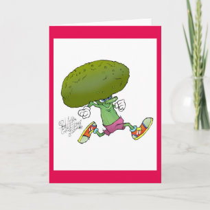 Cute cartoon running Broccoli, on a greeting card. Card