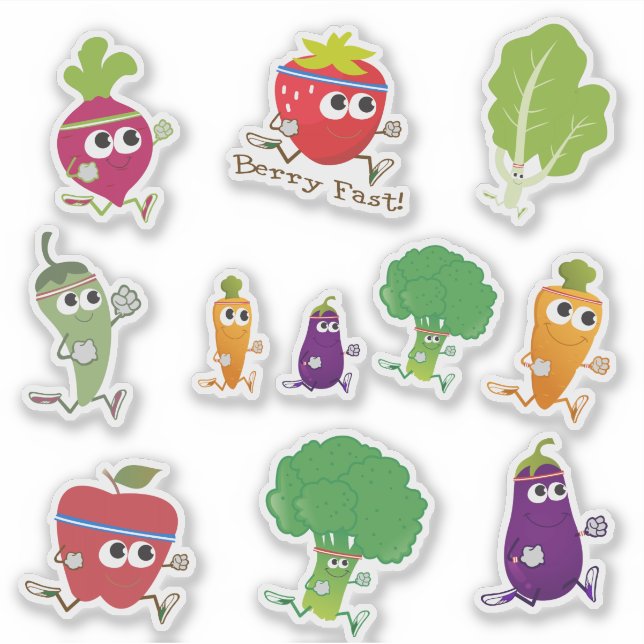 Cute Cartoon Running Fruit and Veggies Sticker Set (Front)