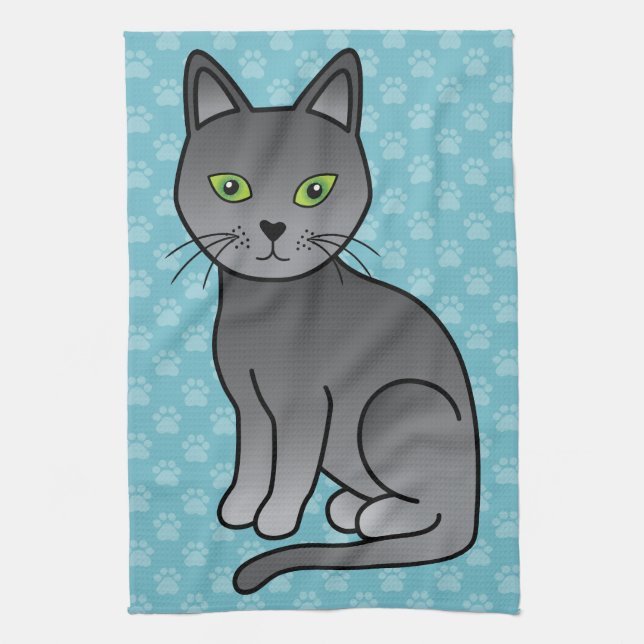 Cute Cartoon Russian Blue Cat Smiling Tea Towel (Vertical)