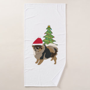 Cute Cartoon Sable Pomeranian in a Santa Hat Bath Towel