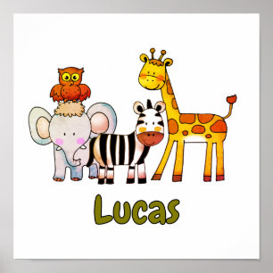 Cute Cartoon Safari Animals custom name Poster