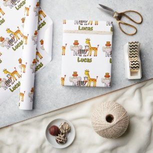 Cute Cartoon Safari Animals custom name Wrapping Paper