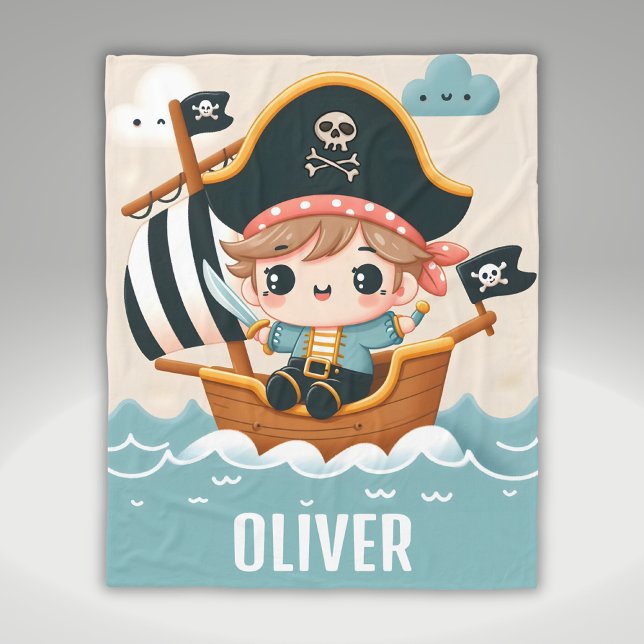 Cute Cartoon Sailor Pirate Boy and Pirate Ship Fleece Blanket (Creator Uploaded)