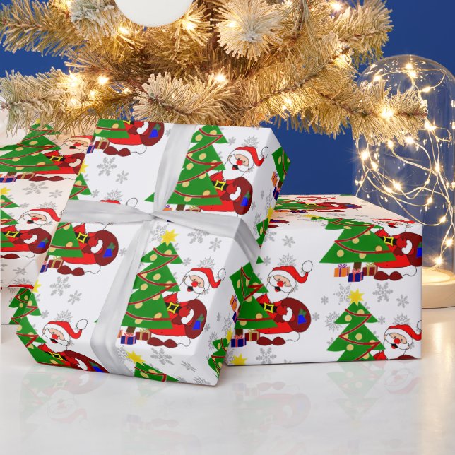 Cute Cartoon Santa and Christmas Tree Kids  Wrapping Paper (Holidays)