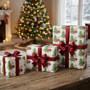 Cute Cartoon Santa and Christmas Tree Kids Wrapping Paper