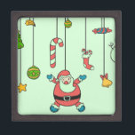 Cute cartoon Santa and friends Christmas Keepsake Box<br><div class="desc">Perfect to gift a Christmas present ! A cute Christmas design of Santa, reindeer, snowman and candy cane hanging from the top of the Christmas stocking against a cool mint green background. This stylish, cute, cartoon style design is perfect for kids and all the family. Celebrate Christmas with a smile...</div>