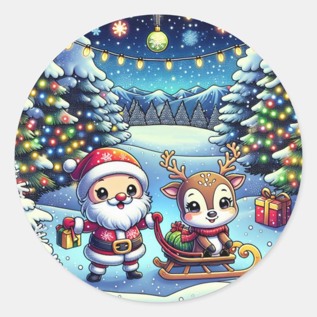 Cute Cartoon Santa and Reindeer Christmas Classic Round Sticker (Front)