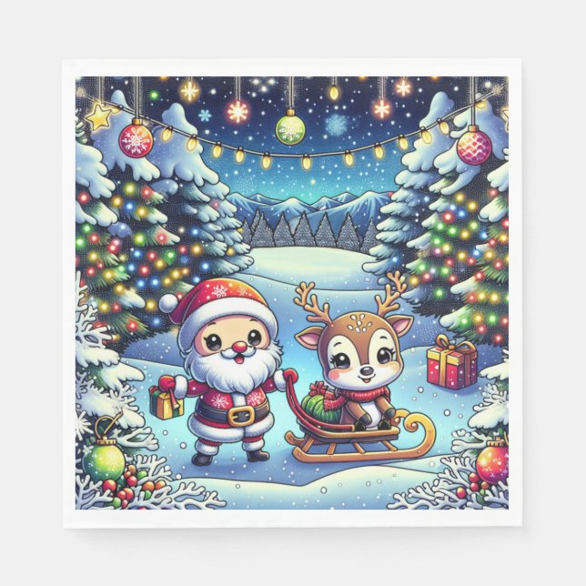 Cute Cartoon Santa and Reindeer Christmas Napkin (Front)