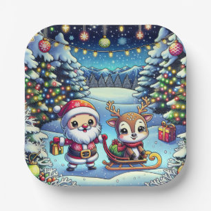 Cute Cartoon Santa and Reindeer Christmas Paper Plate