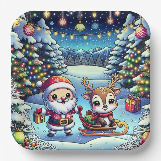 Cute Cartoon Santa and Reindeer Christmas Paper Plate (Front)