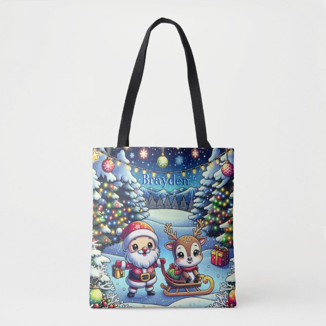Cute Cartoon Santa and Reindeer Christmas Tote Bag (Front)