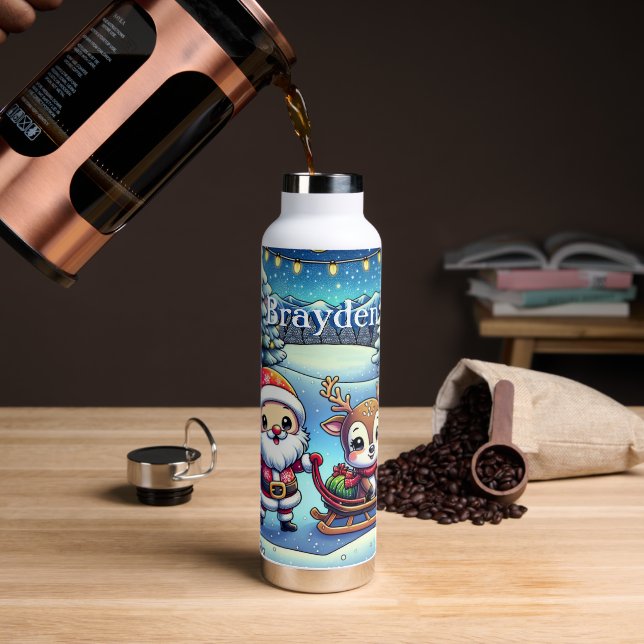 Cute Cartoon Santa and Reindeer Christmas Water Bottle (Coffee)