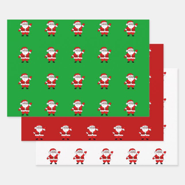 Cute Cartoon Santa Red Green White Christmas Wrapping Paper Sheet (Set)