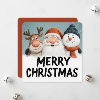 Cute Cartoon Santa Reindeer Snowman Merry Xmas Holiday Card