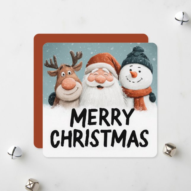 Cute Cartoon Santa Reindeer Snowman Merry Xmas Holiday Card (Front/Back In Situ)