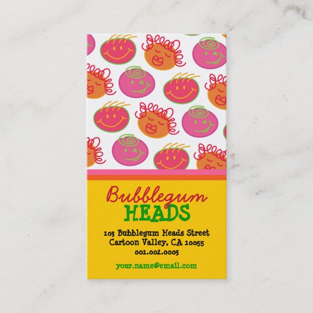 Cute Cartoon Scribbles Fun Silly Bubblegum Heads Business Card (Front)