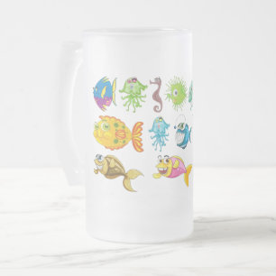 Cute Cartoon Sea Life & Colourful Fish Frosted Glass Beer Mug