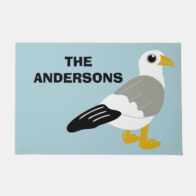 Cute Cartoon Seagull Light Blue Personalised Doormat (Front)