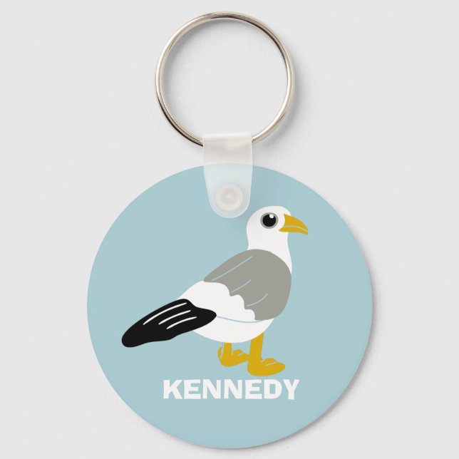 Cute Cartoon Seagull Light Blue Personalised Key Ring (Front)