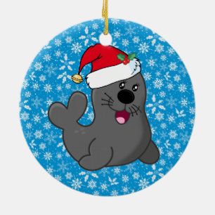 Cute Cartoon Seal Wearing Santa Hat Ceramic Tree Decoration