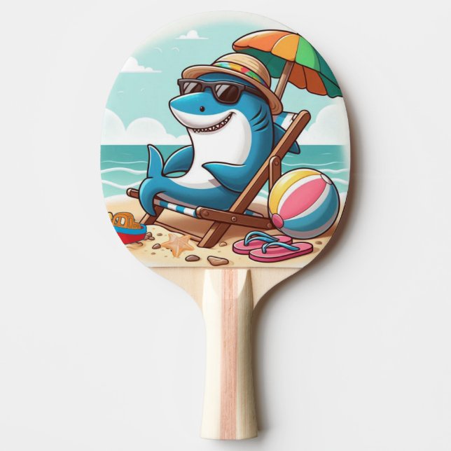 Cute, cartoon shark on the beach ping pong paddle (Front)