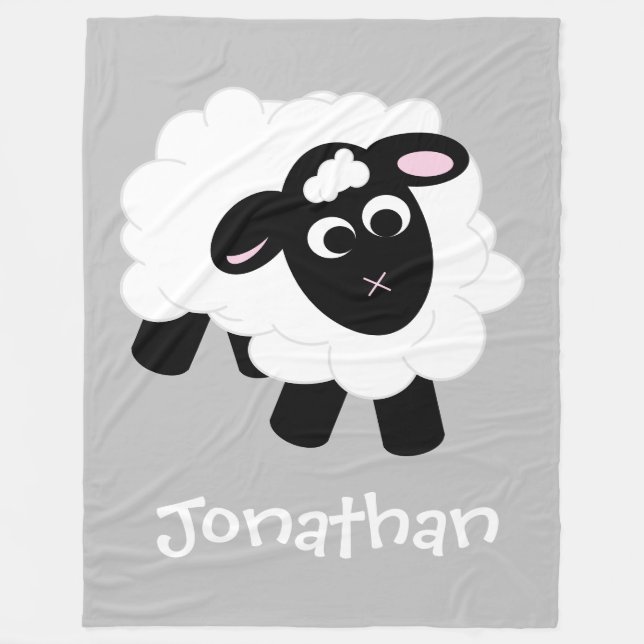 Cute Cartoon Sheep Grey Name Fleece Blanket (Front)