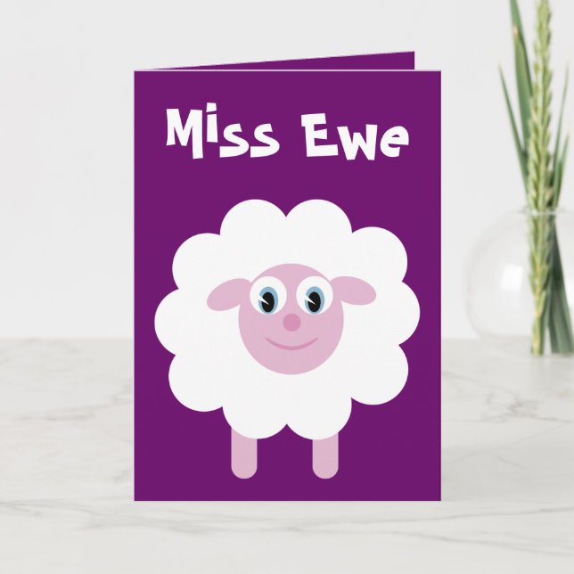 Cute Cartoon Sheep Miss Ewe Customizable Purple Card (Front)