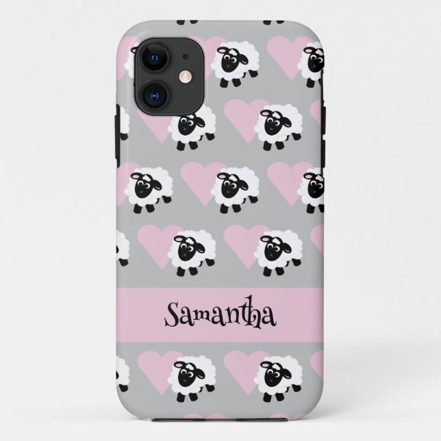 Cute Cartoon Sheep Pink Heart Pattern Grey Case-Mate iPhone Case (Back)
