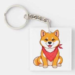 Cute Cartoon Shiba Inu Dog with Red Bandanna Key Ring