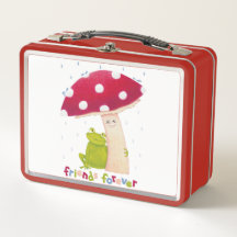 Cute cartoon sitting frog and mushroom in rain