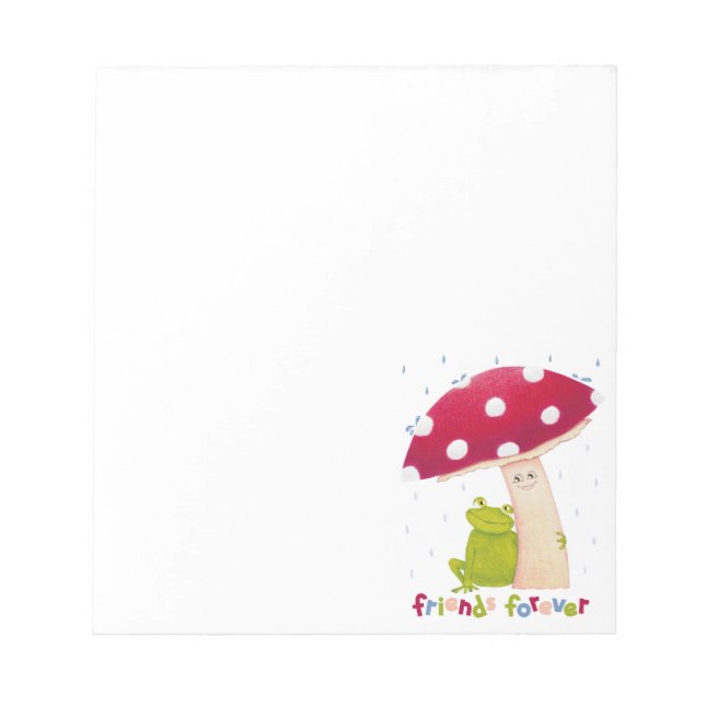 Cute cartoon sitting frog and mushroom in rain notepad (Front)