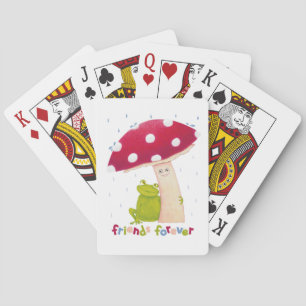 Cute cartoon sitting frog and mushroom in rain playing cards