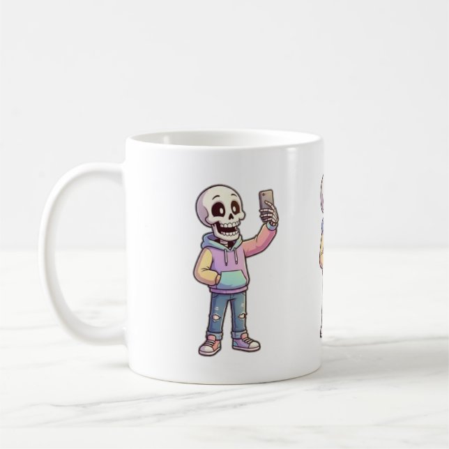Cute Cartoon Skeleton Selfie - Full Body Trendy Ou Coffee Mug (Left)