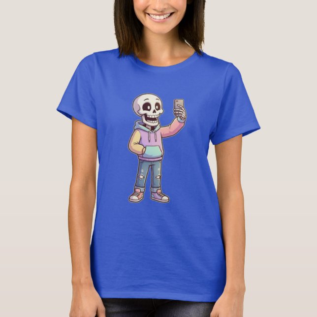 Cute Cartoon Skeleton Selfie - Full Body Trendy  T-Shirt (Front)