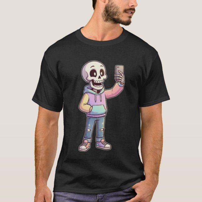 Cute Cartoon Skeleton Selfie - Full Body Trendy  T-Shirt (Front)