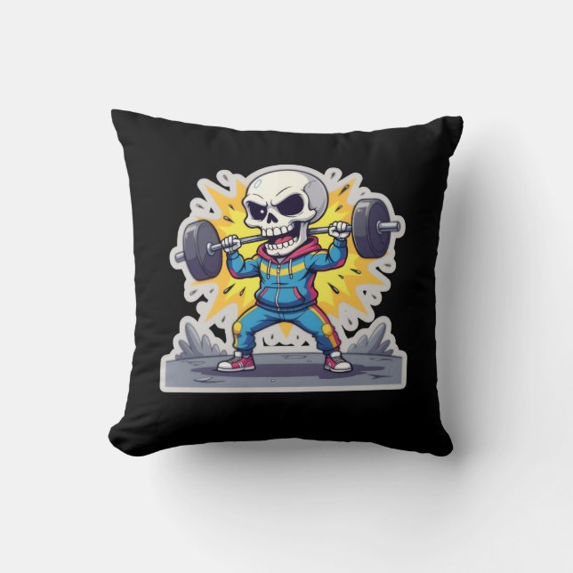 “Cute Cartoon Skeleton Weightlifter • Funny Gym Ba Cushion (Front)